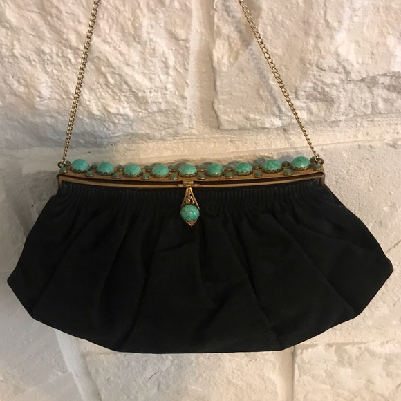 Custom Handbags - Custom Vintage Black Evening Bag with Green Stones